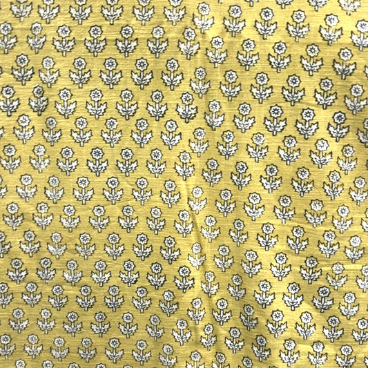 Dabu Yellow Floral Slub Cotton Hand Block Printed Fabric