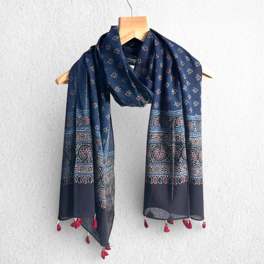 Blue Ajrakh Hand Block Printed Mul Cotton Stole With Tassels