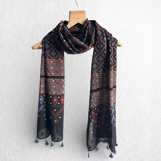Black Ajrakh Hand Block Printed Mul Cotton Stole With Tassels