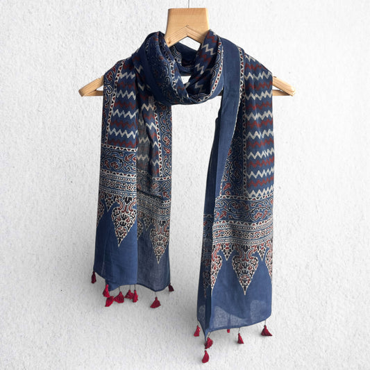 Blue Ajrakh Hand Block Printed Mul Cotton Stole With Tassels