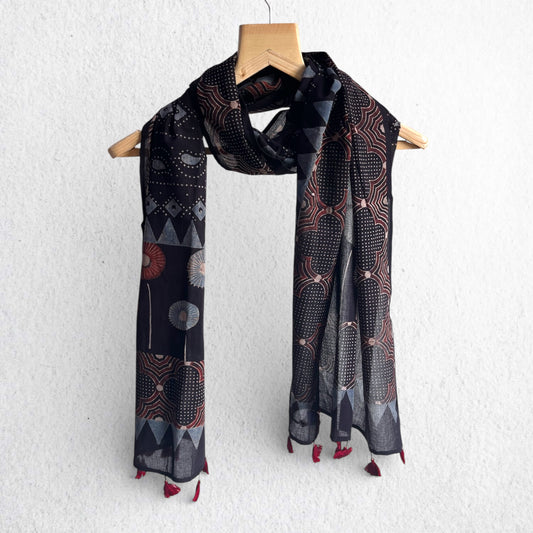 Black Ajrakh Hand Block Printed Mul Cotton Stole With Tassels