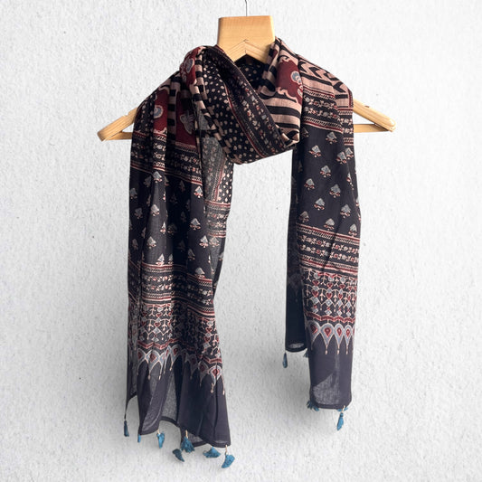 Black Ajrakh Hand Block Printed Mul Cotton Stole With Tassels