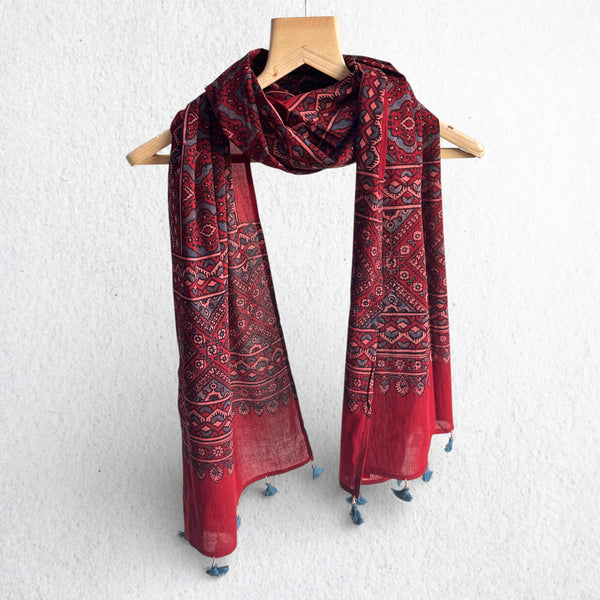 Red Ajrakh Hand Block Printed Mul Cotton Stole With Tassels