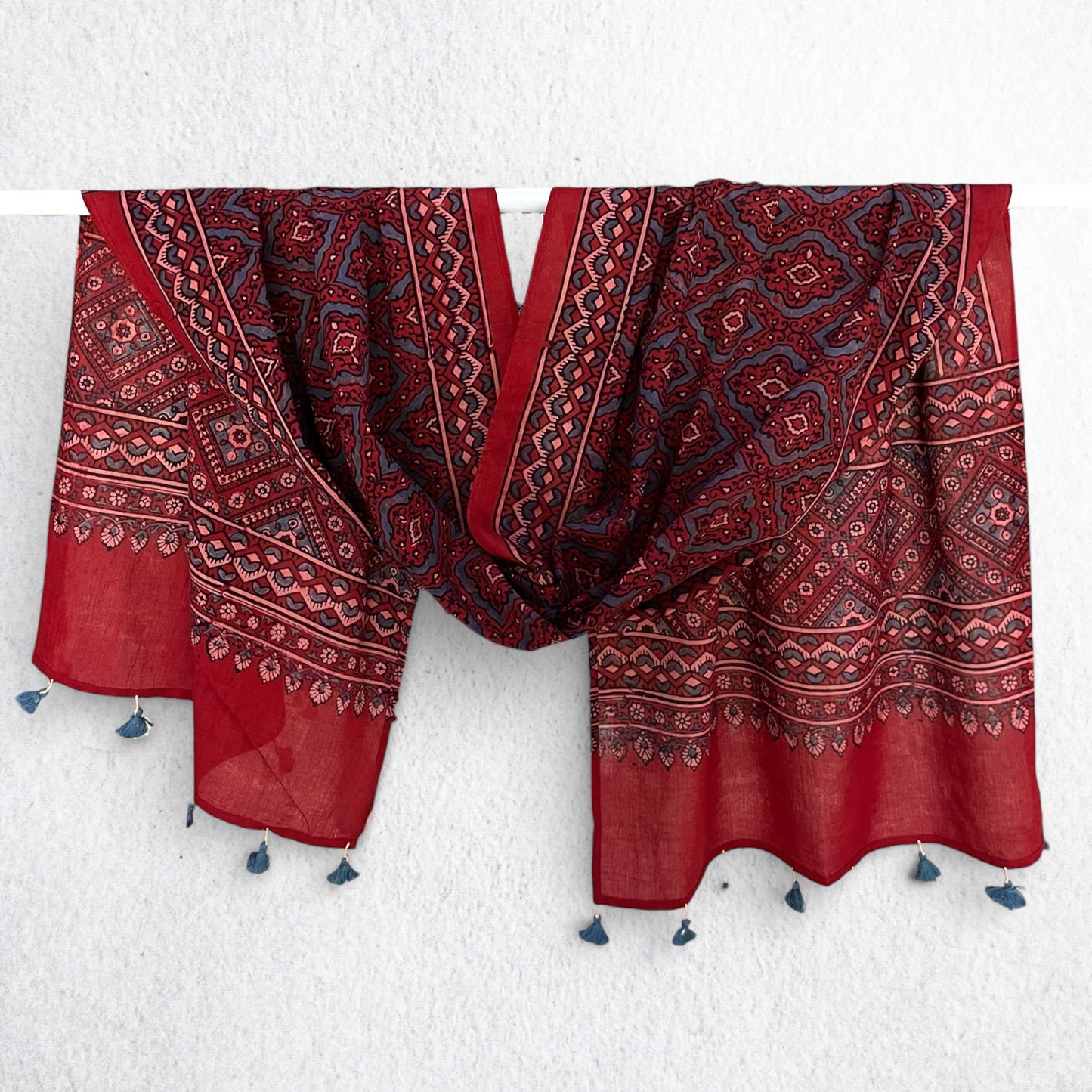 Red Ajrakh Hand Block Printed Mul Cotton Stole With Tassels