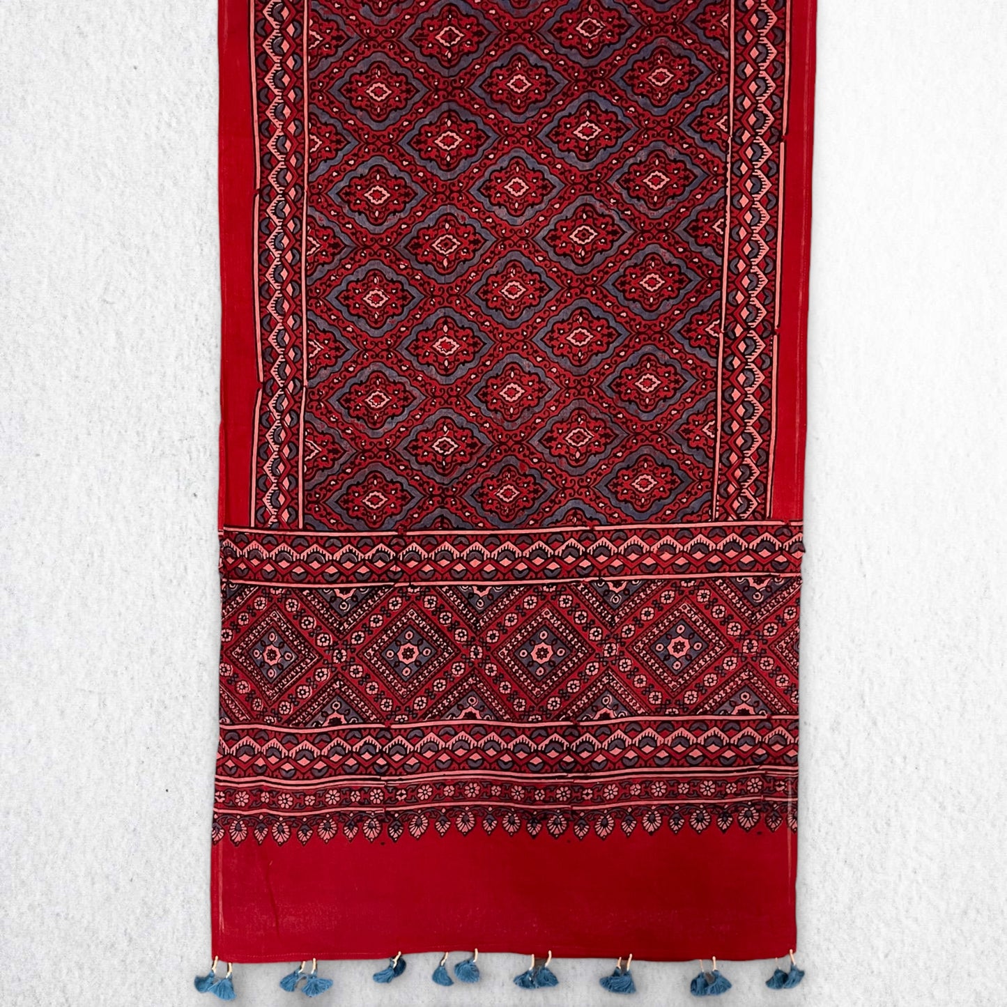 Red Ajrakh Hand Block Printed Mul Cotton Stole With Tassels