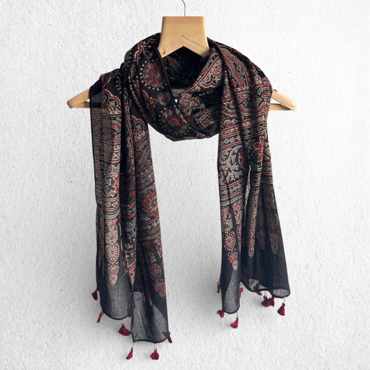 Black Ajrakh Hand Block Printed Mul Cotton Stole With Tassels