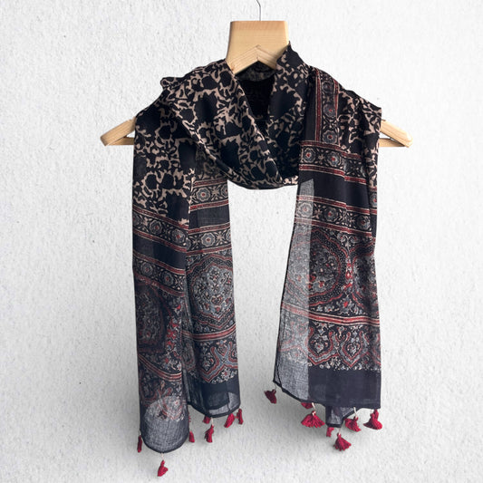 Black Ajrakh Hand Block Printed Mul Cotton Stole With Tassels