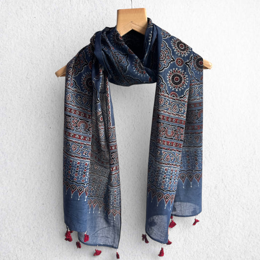 Blue Ajrakh Hand Block Printed Mul Cotton Stole With Tassels