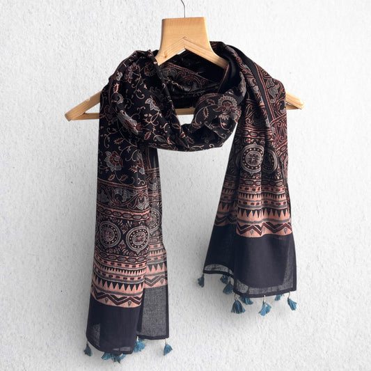 Black Ajrakh Hand Block Printed Mul Cotton Stole With Tassels