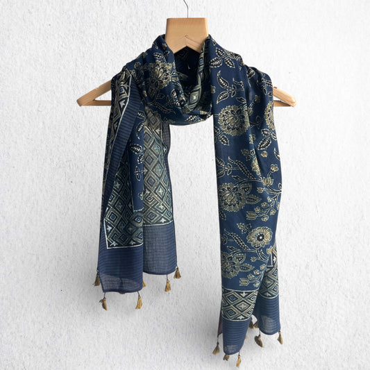 Blue Ajrakh Hand Block Printed Mul Cotton Stole With Tassels
