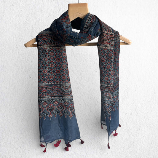 Blue Ajrakh Hand Block Printed Mul Cotton Stole With Tassels