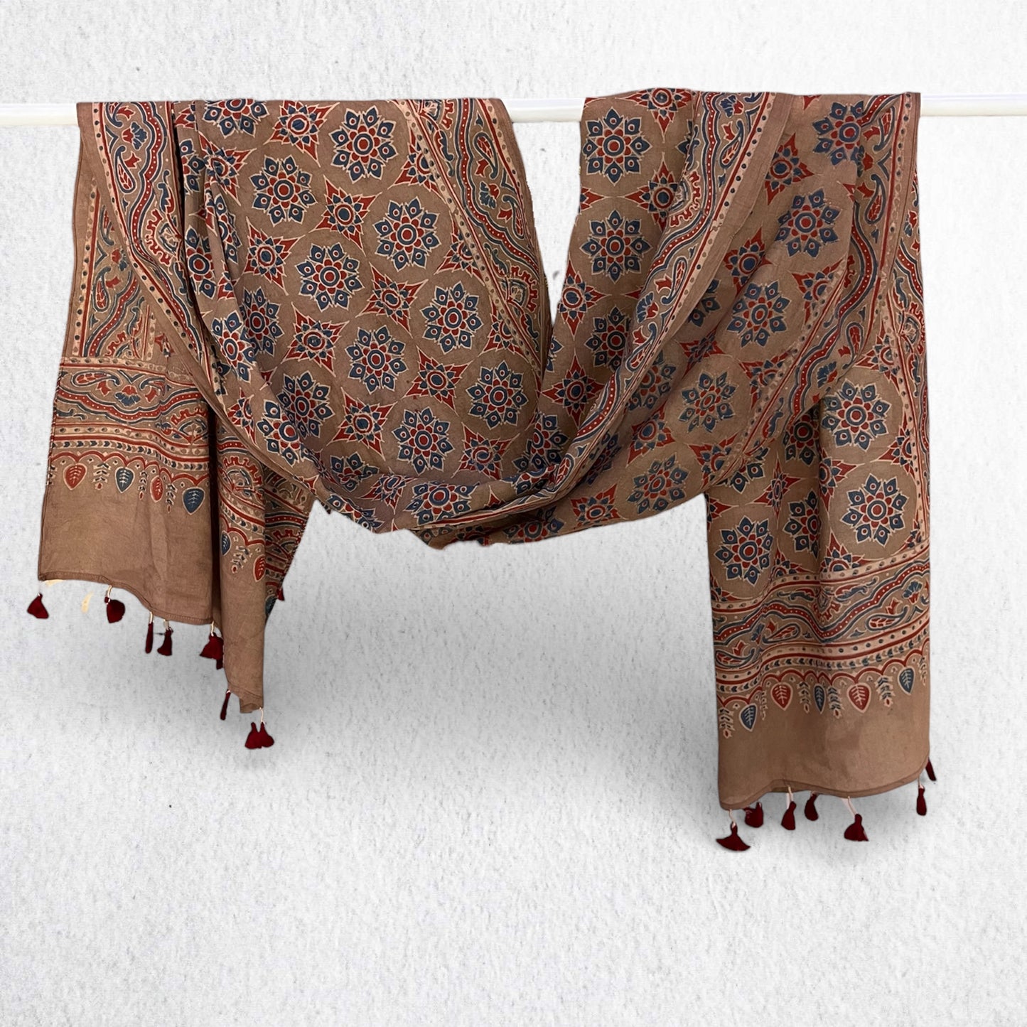 Brown Ajrakh Hand Block Printed Mul Cotton Stole With Tassels