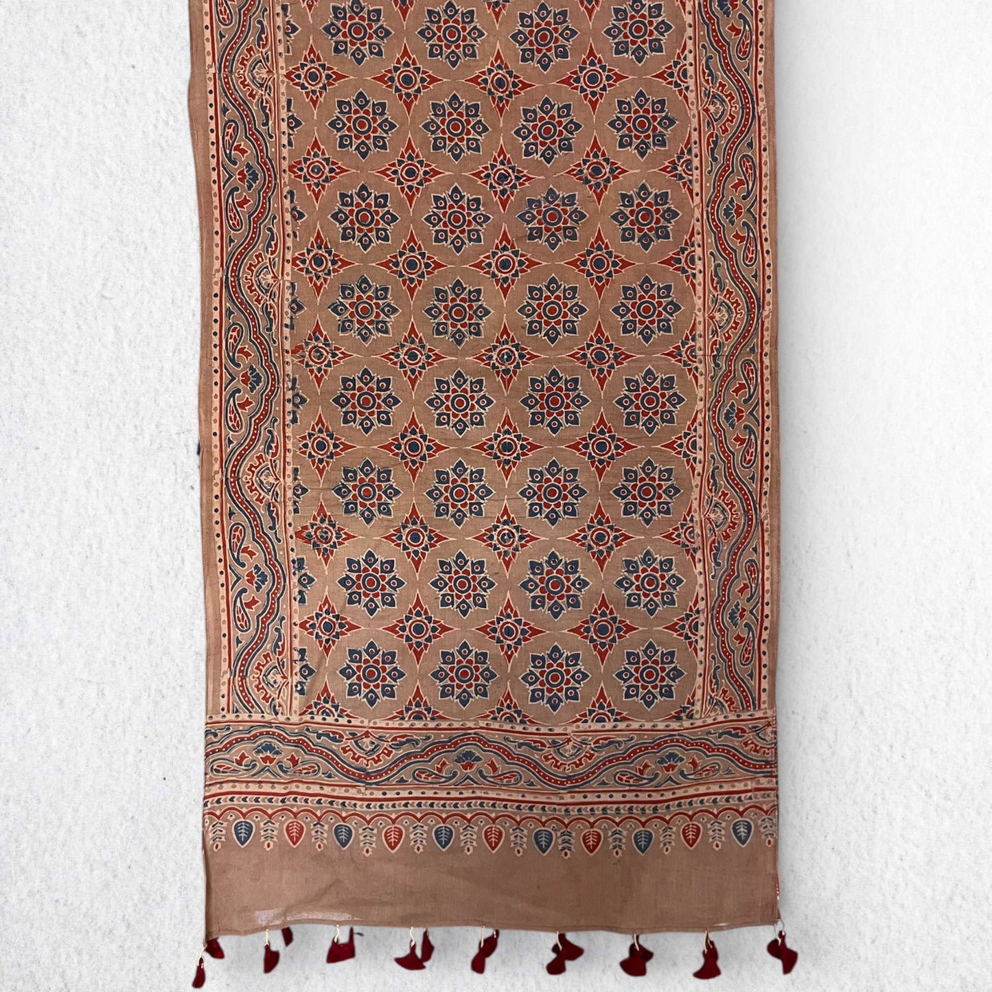 Brown Ajrakh Hand Block Printed Mul Cotton Stole With Tassels