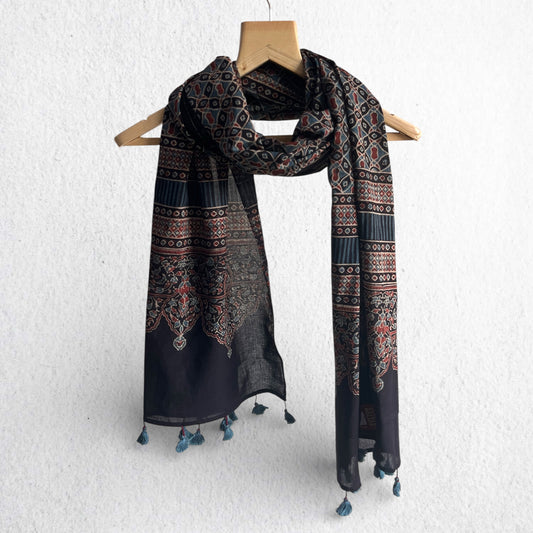 Black Ajrakh Hand Block Printed Mul Cotton Stole With Tassels