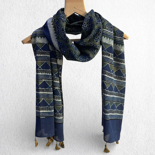 Blue Ajrakh Hand Block Printed Mul Cotton Stole With Tassels