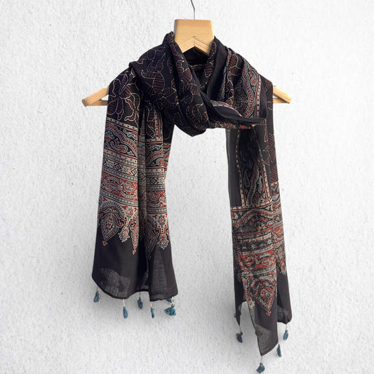 Black Ajrakh Hand Block Printed Mul Cotton Stole With Tassels