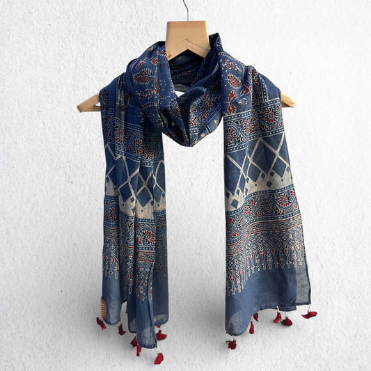 Blue Ajrakh Hand Block Printed Mul Cotton Stole With Tassels