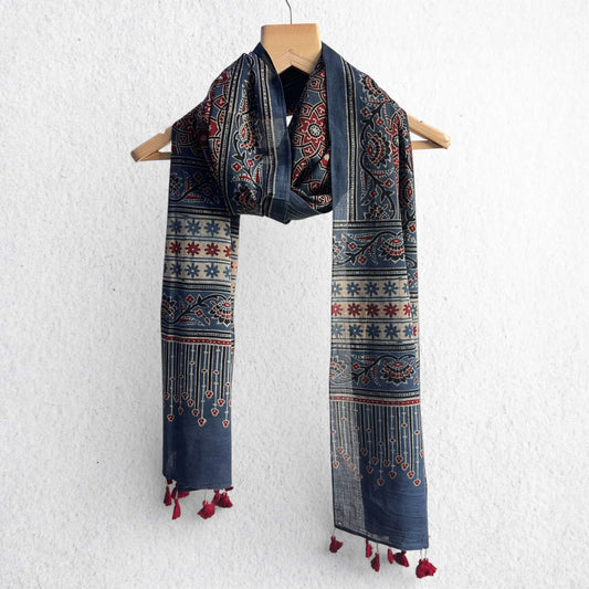 Blue Ajrakh Hand Block Printed Mul Cotton Stole With Tassels