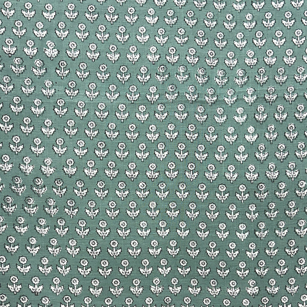Dabu Green Floral Slub Cotton Hand Block Printed Fabric