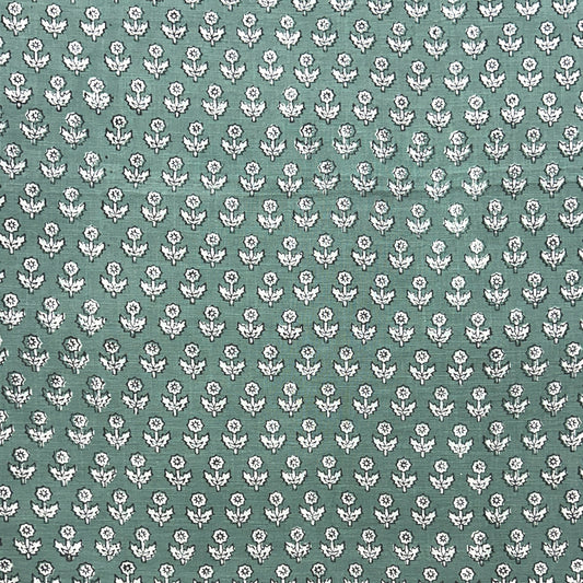 Dabu Green Floral Slub Cotton Hand Block Printed Fabric