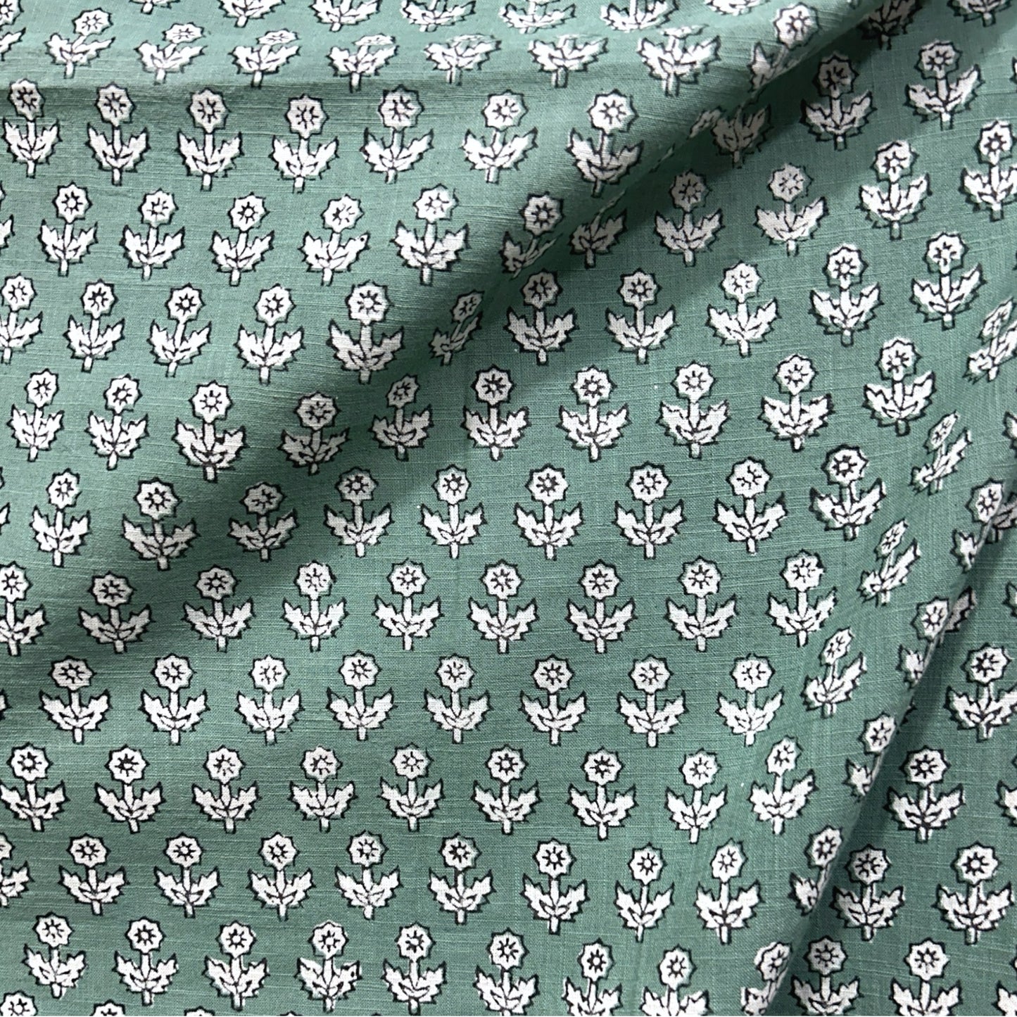 Dabu Green Floral Slub Cotton Hand Block Printed Fabric