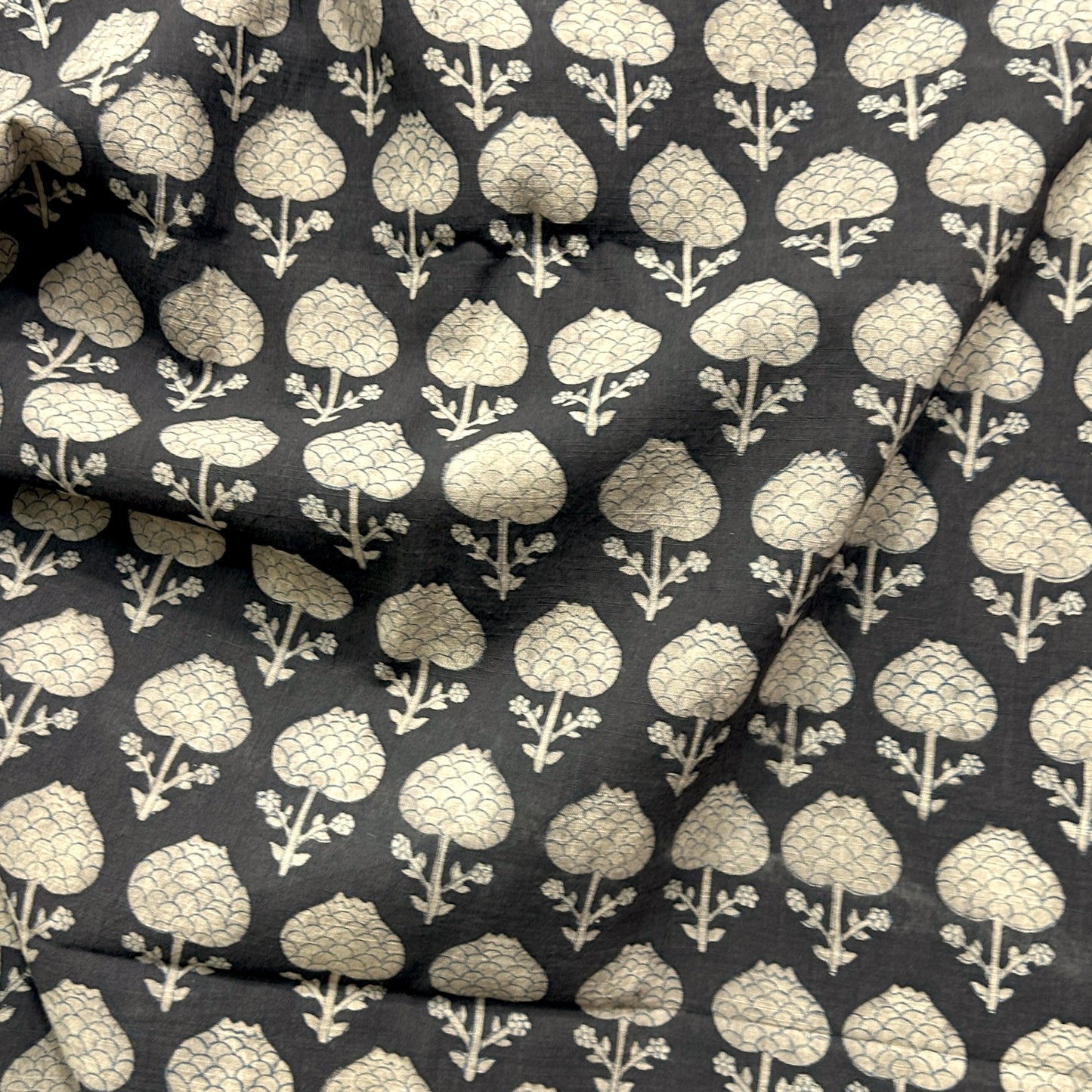 Dabu Brown Floral Slub Cotton Hand Block Printed Fabric