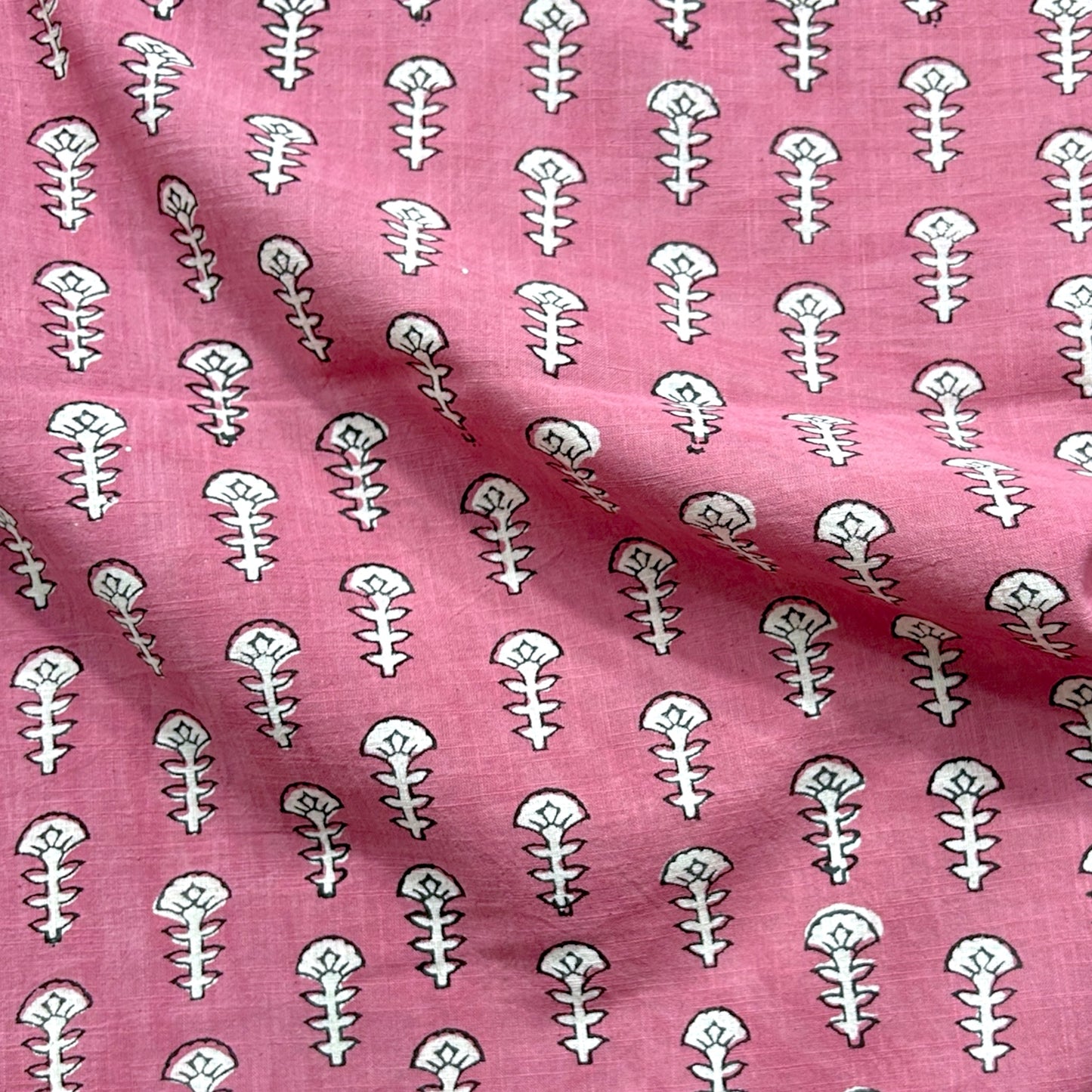Dabu Pink Floral Slub Cotton Hand Block Printed Fabric