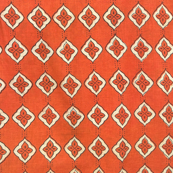 Dabu Orange Floral Slub Cotton Hand Block Printed Fabric