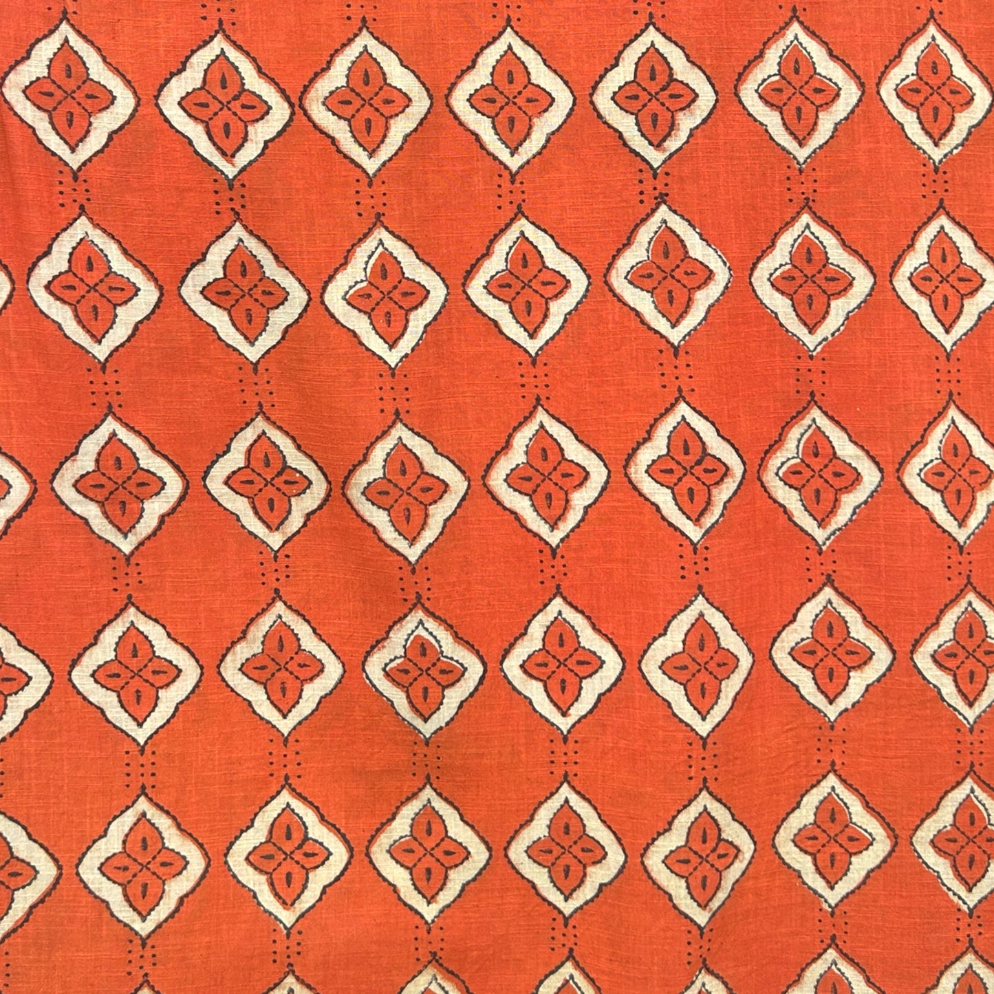 Dabu Orange Floral Slub Cotton Hand Block Printed Fabric