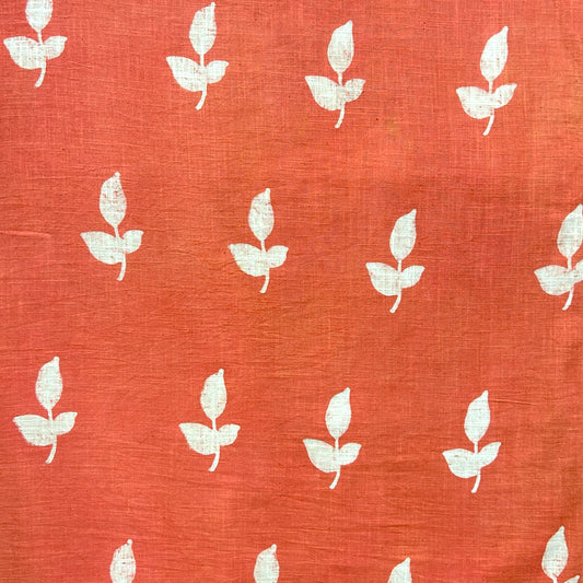Dabu Orange Floral Slub Cotton Hand Block Printed Fabric
