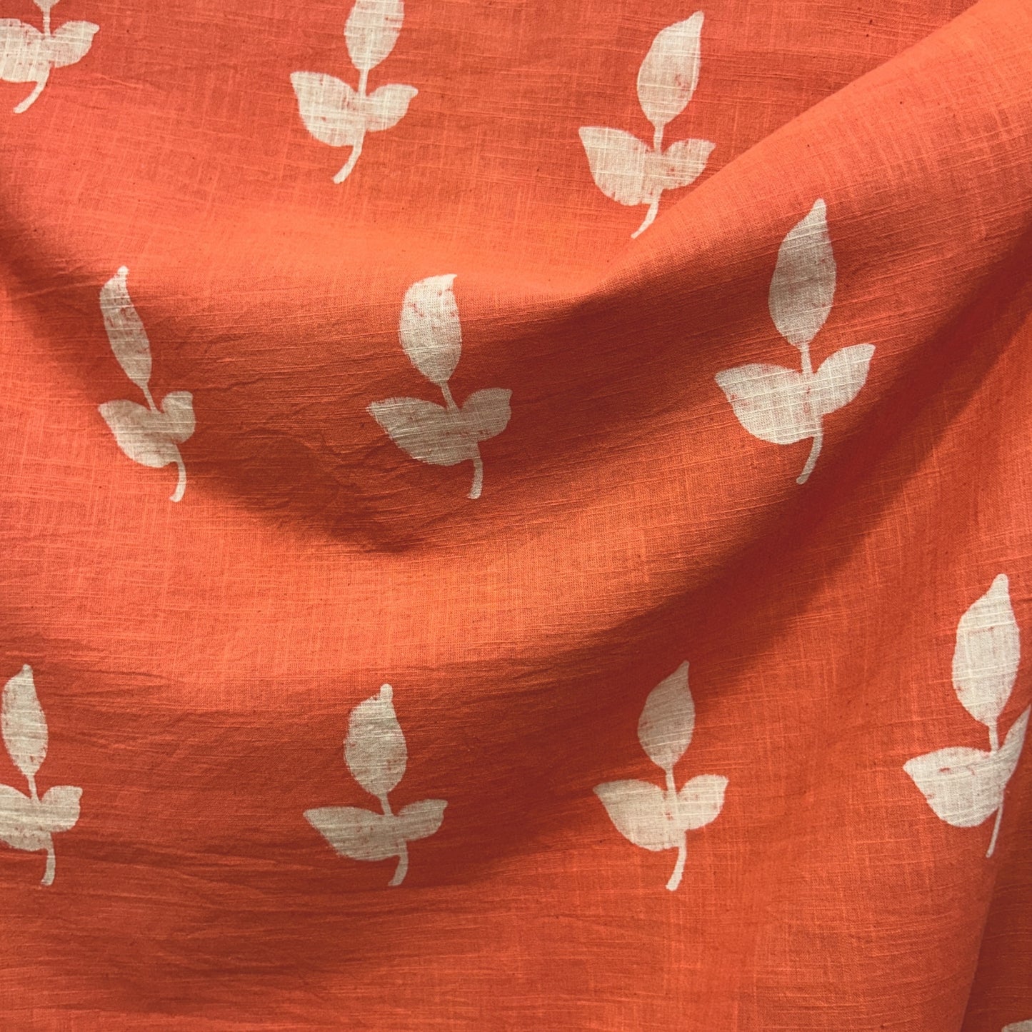 Dabu Orange Floral Slub Cotton Hand Block Printed Fabric