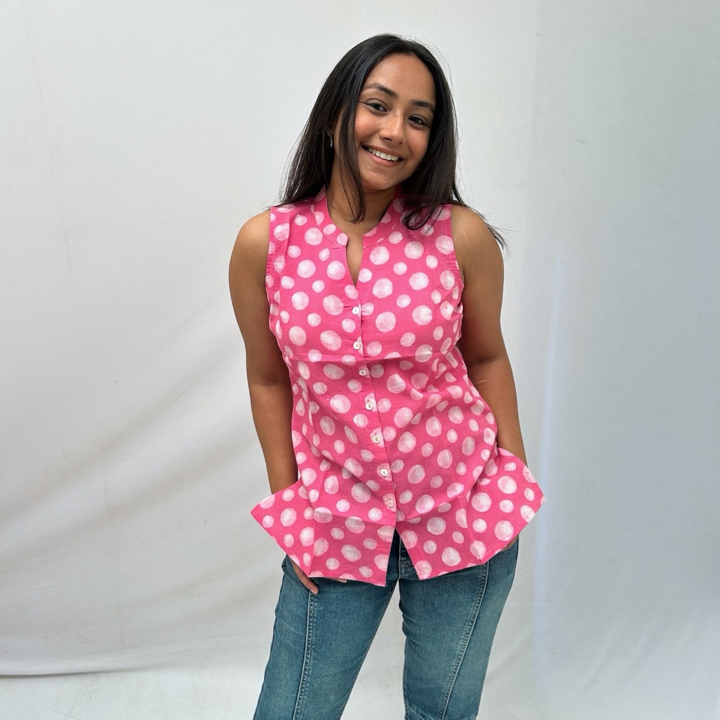 Dabu Pink Polka Dot Hand Block Printed Tunic