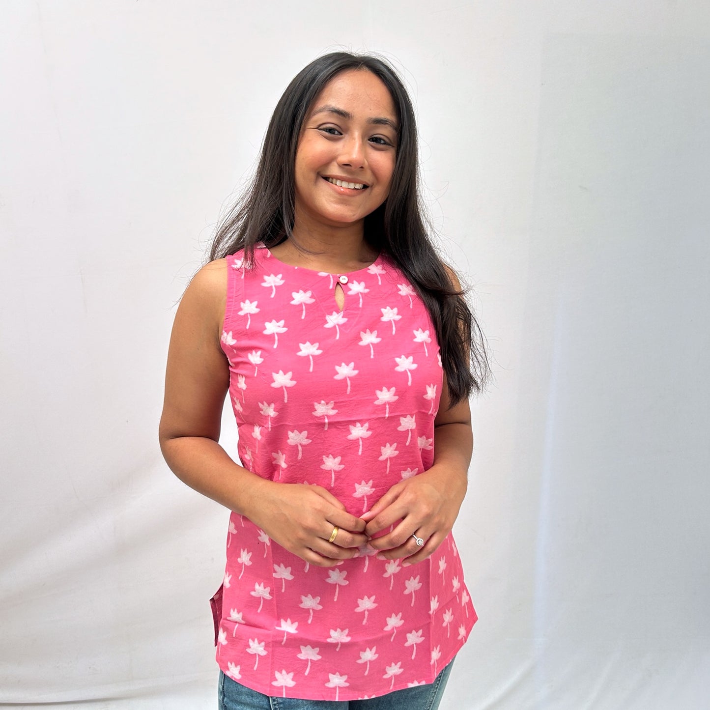 Dabu Pink Floral Hand Block Printed Tunic