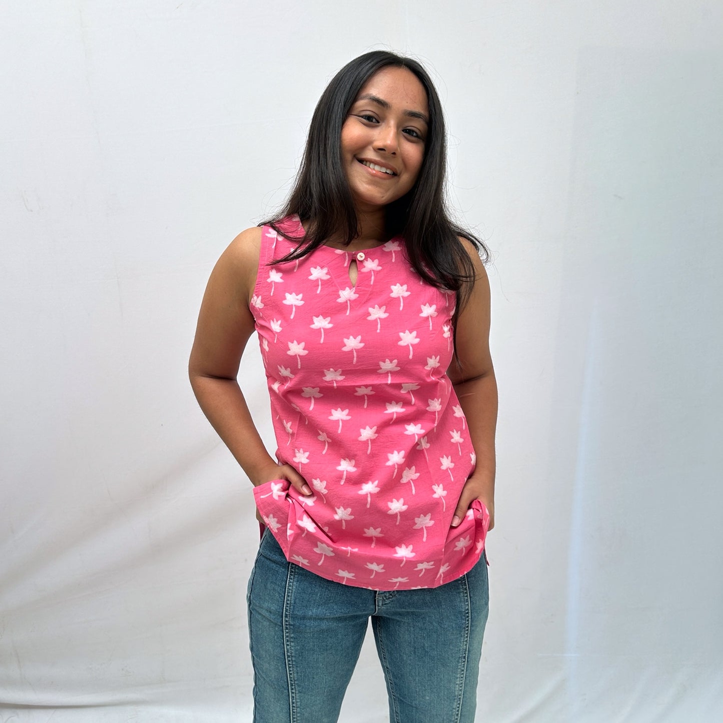 Dabu Pink Floral Hand Block Printed Tunic