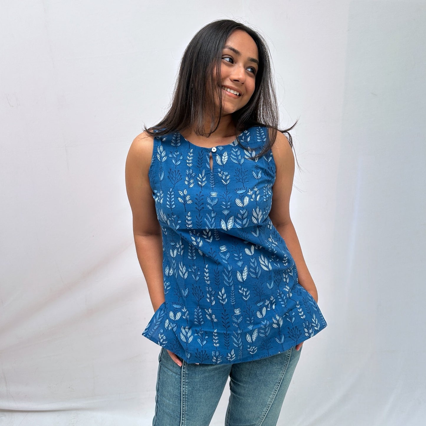 Dabu Blue Floral Hand Block Printed Tunic