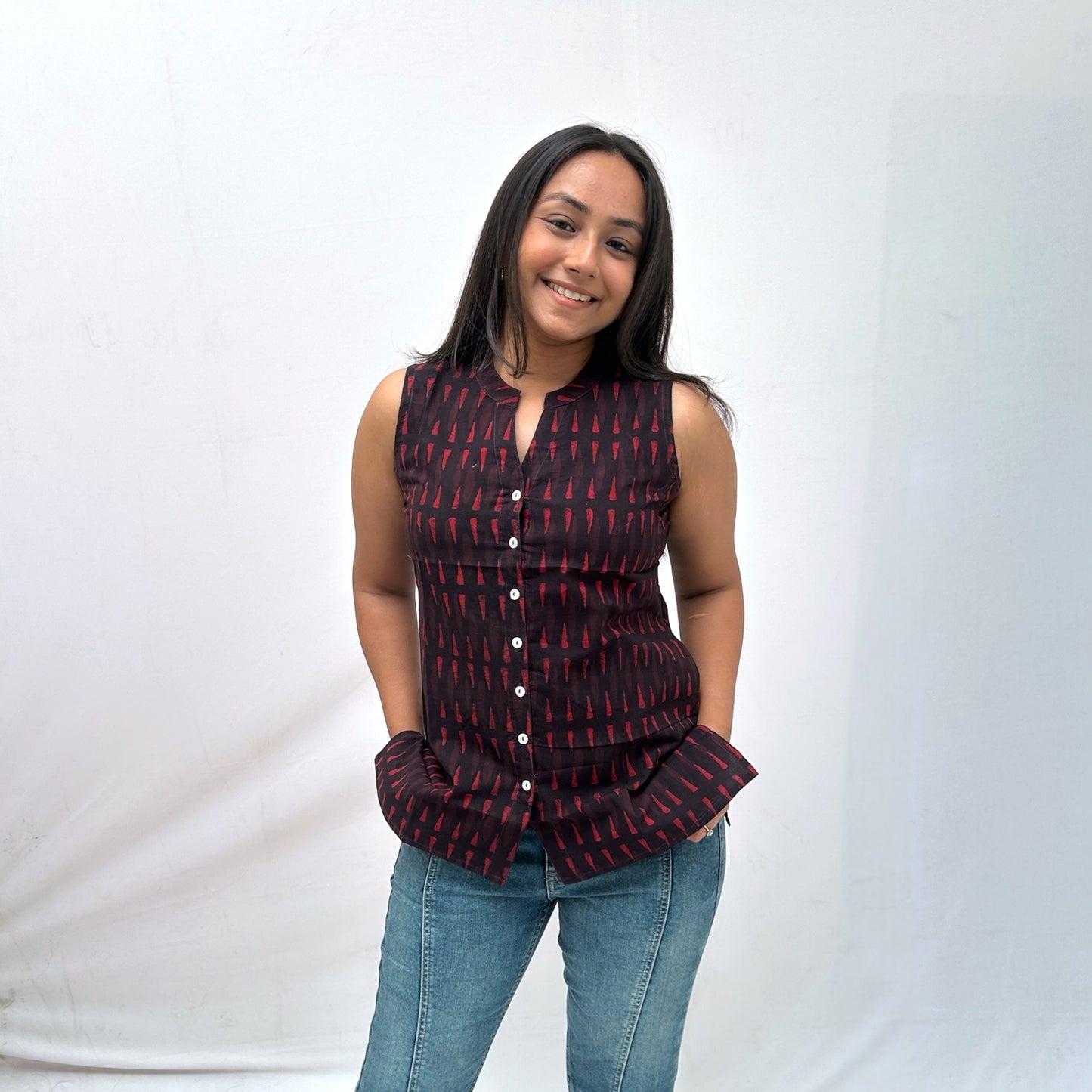 Dabu Red Triangle Hand Block Printed Tunic