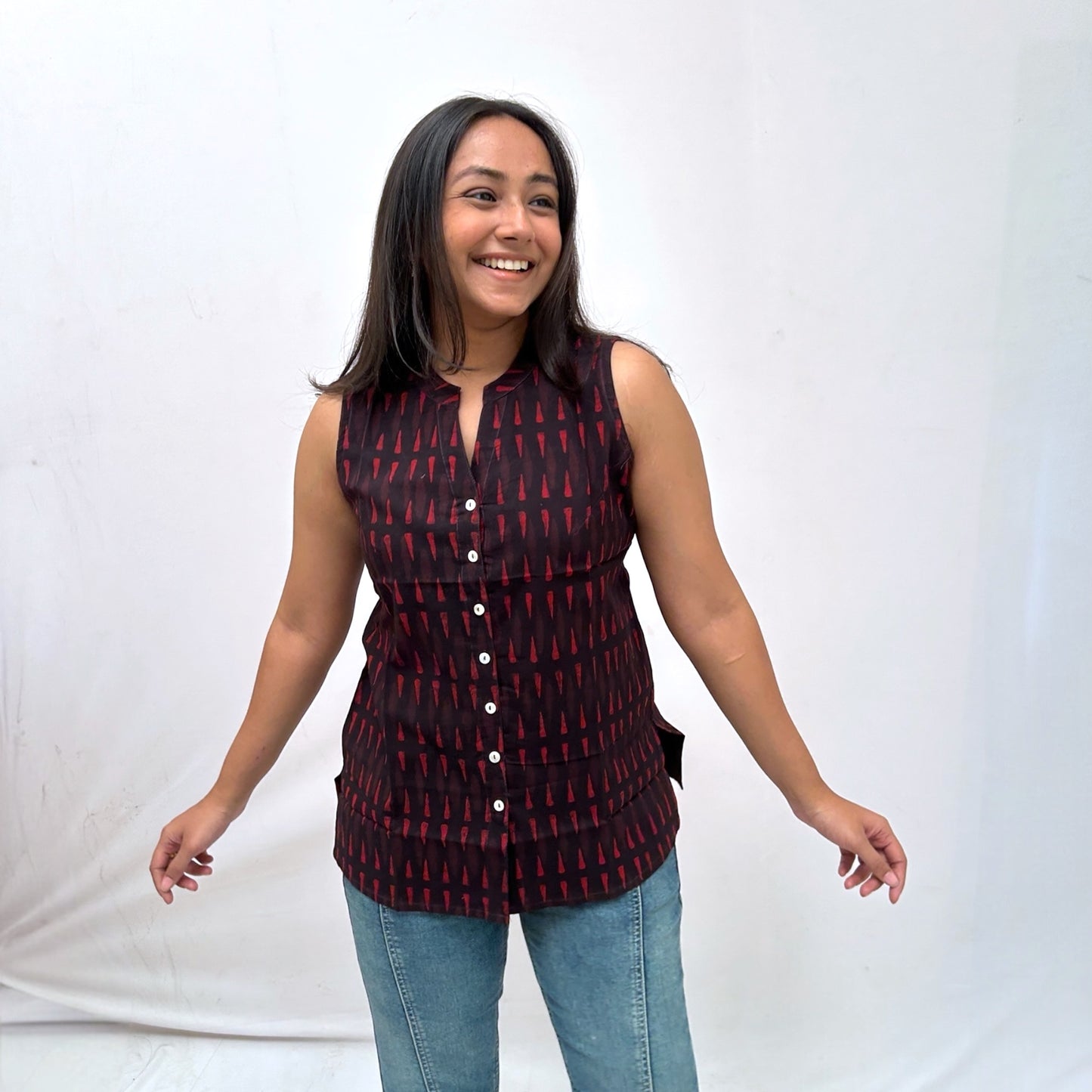 Dabu Red Triangle Hand Block Printed Tunic