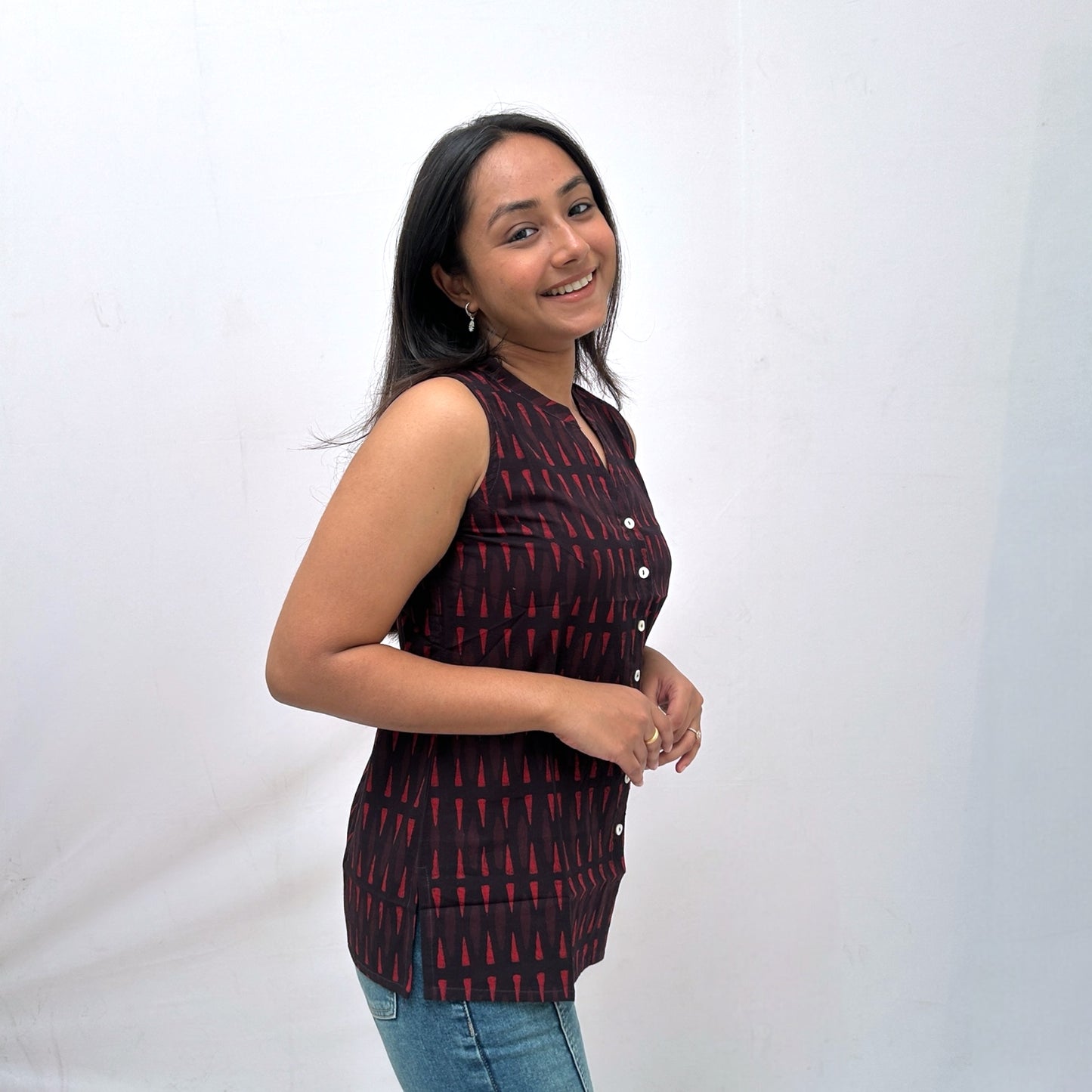 Dabu Red Triangle Hand Block Printed Tunic