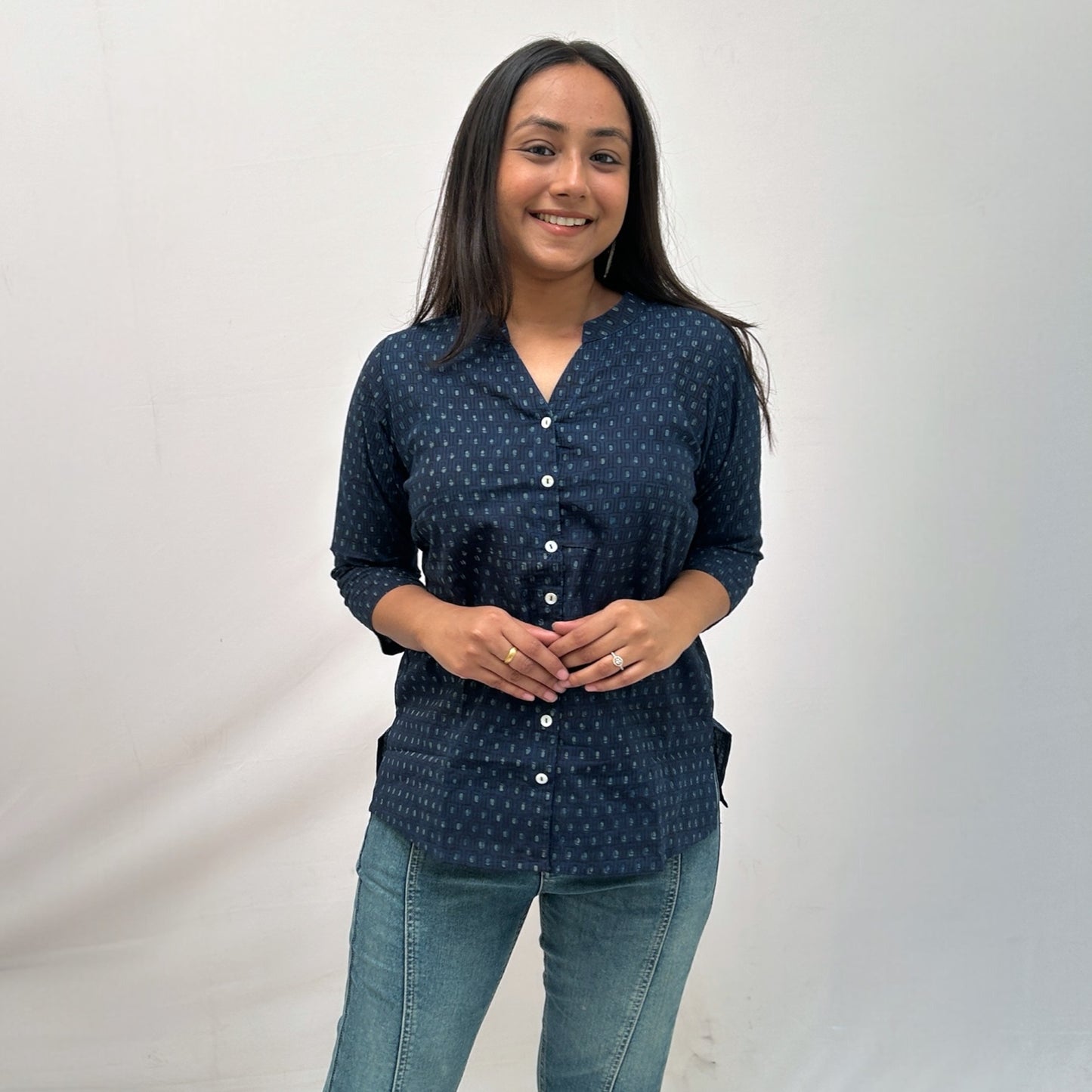 Dabu Slub Cotton Blue Geometric Shirt