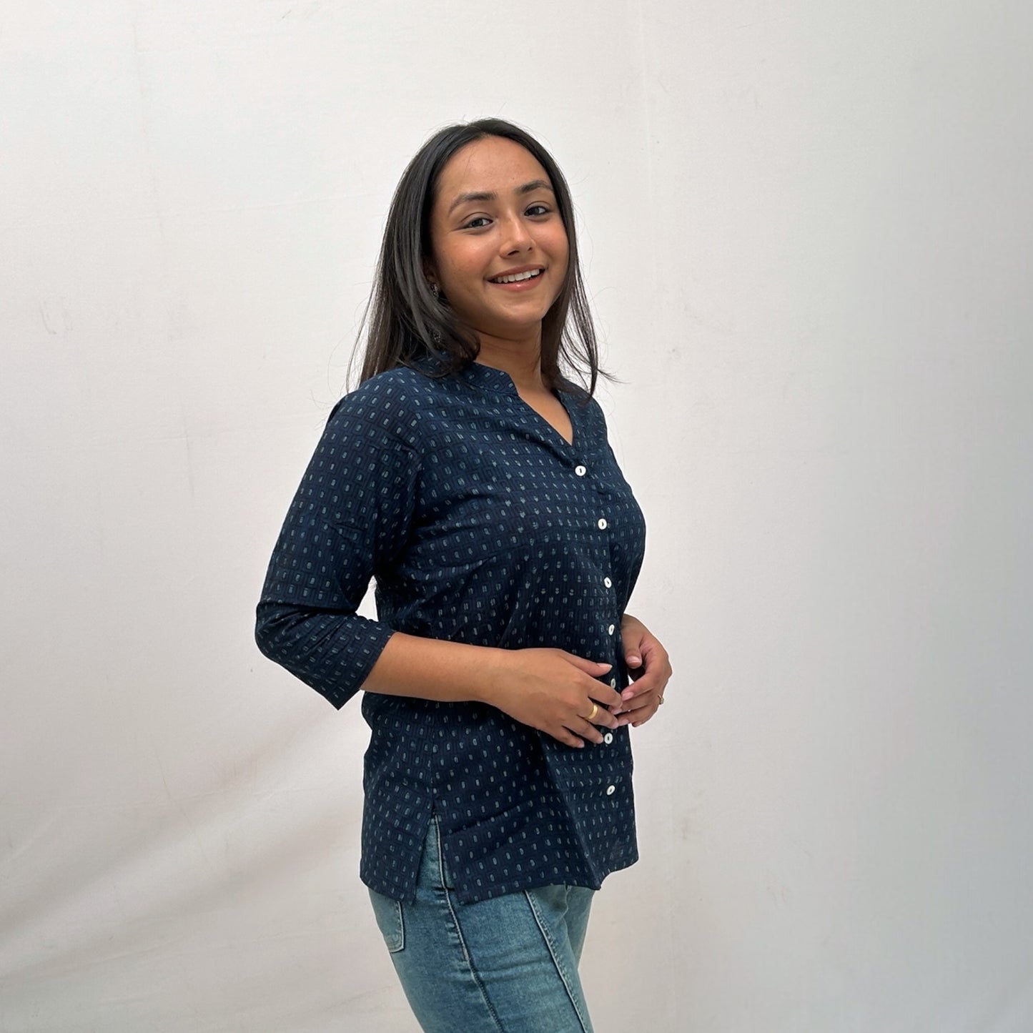 Dabu Slub Cotton Blue Geometric Shirt