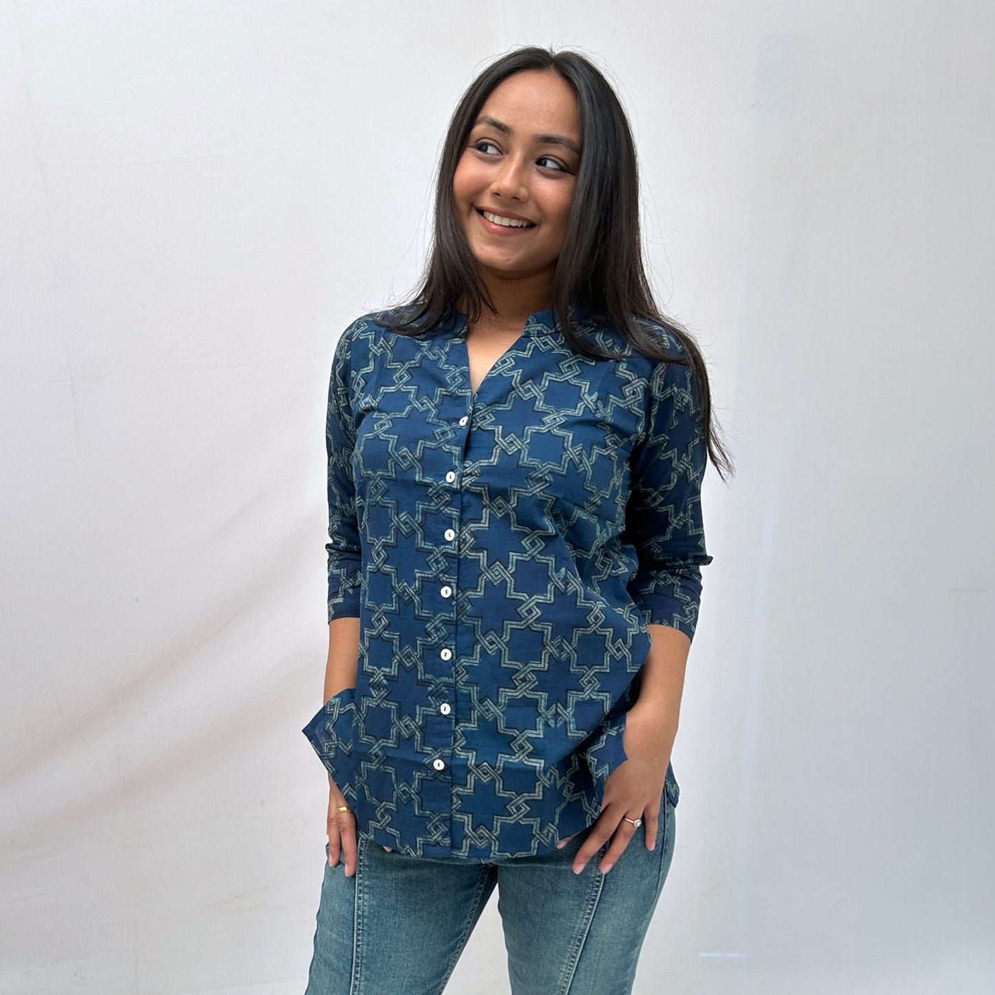 Dabu Slub Cotton Blue Geometric Shirt