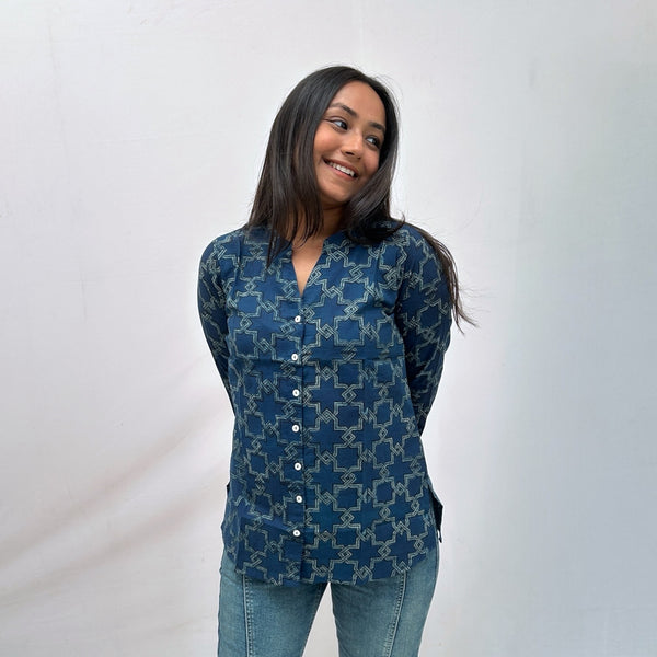 Dabu Slub Cotton Blue Geometric Shirt