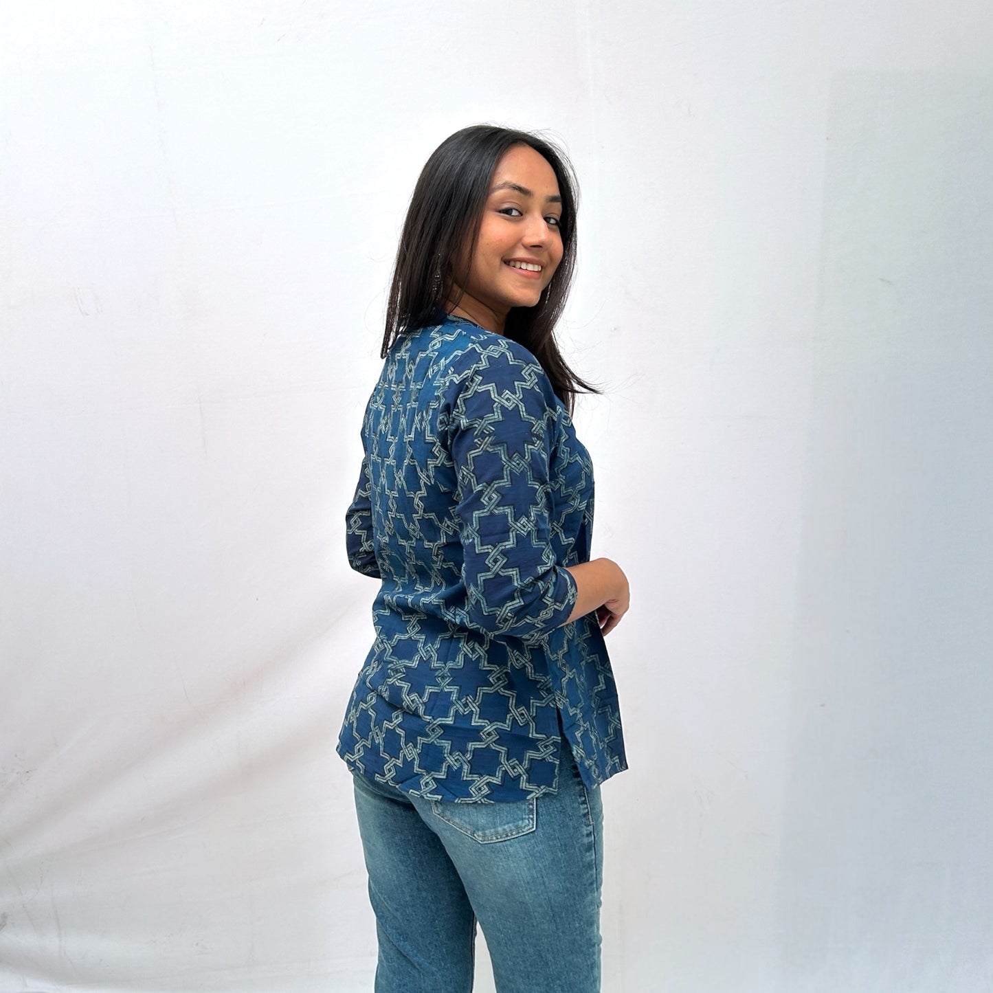 Dabu Slub Cotton Blue Geometric Shirt