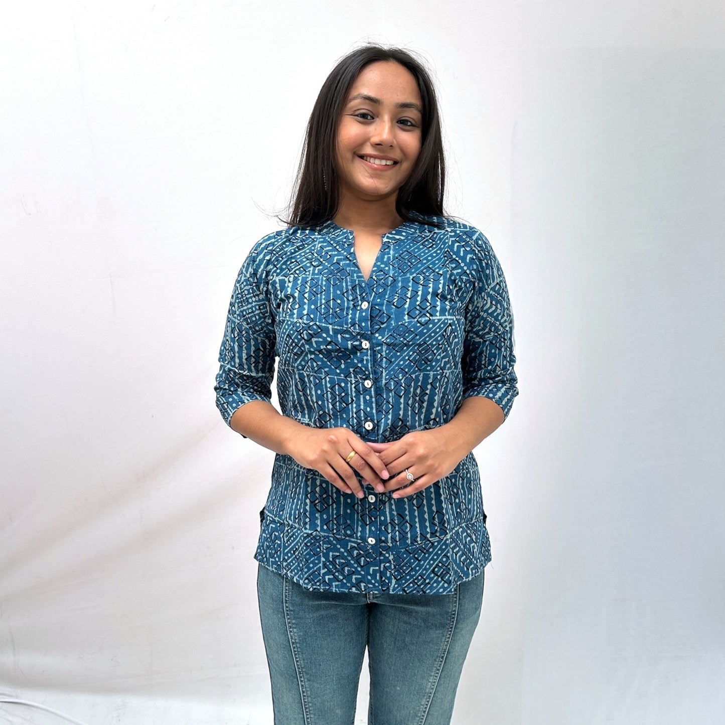 Dabu Slub Cotton Blue Geometric Shirt