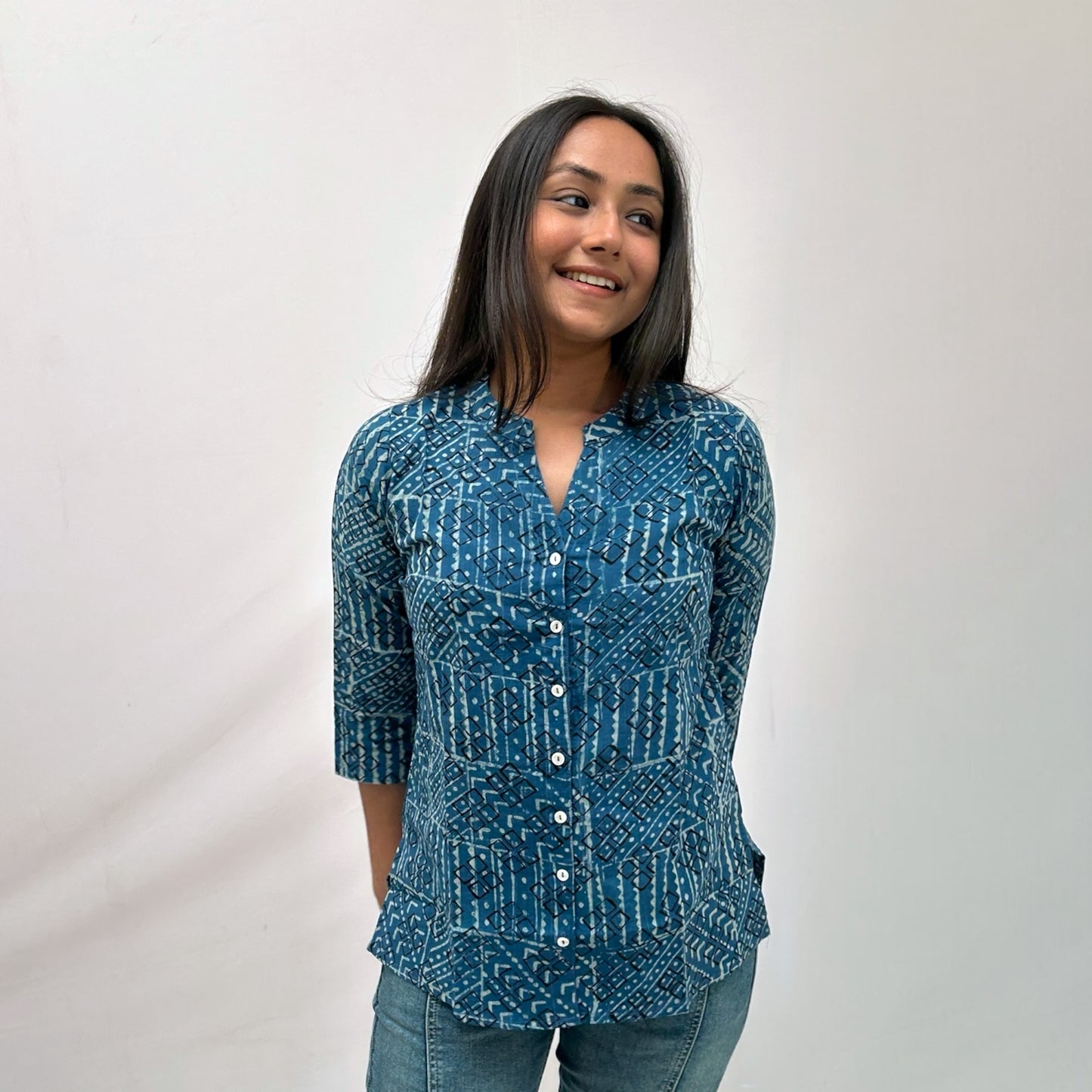 Dabu Slub Cotton Blue Geometric Shirt