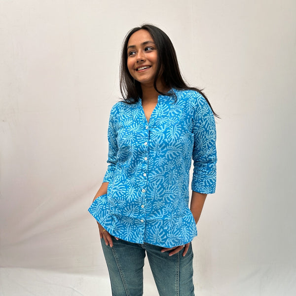 Dabu Slub Cotton Blue Floral Shirt