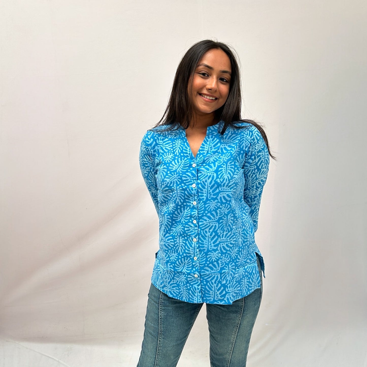 Dabu Slub Cotton Blue Floral Shirt