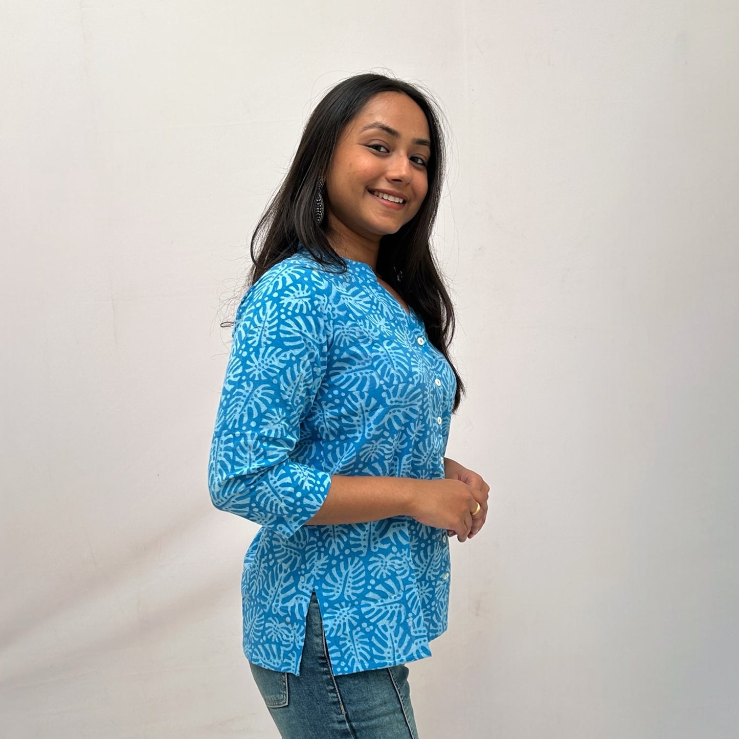 Dabu Slub Cotton Blue Floral Shirt