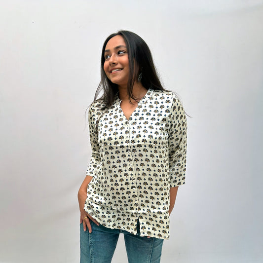 Ajrakh Cream Floral Modal Silk Shirt