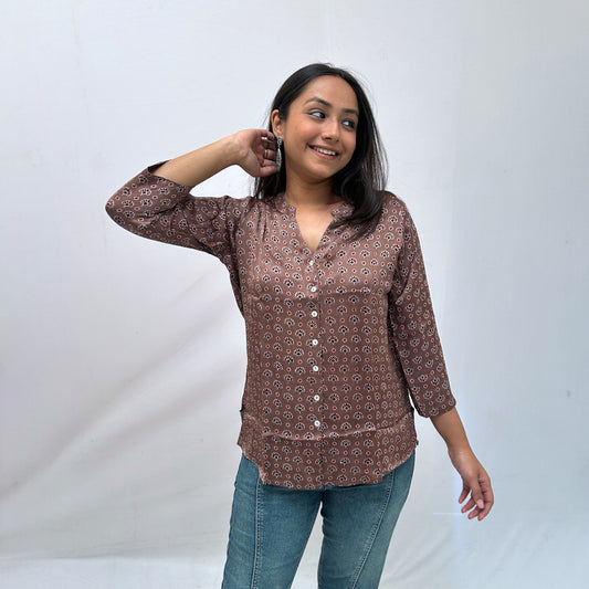 Ajrakh Brown Floral Modal Silk Shirt